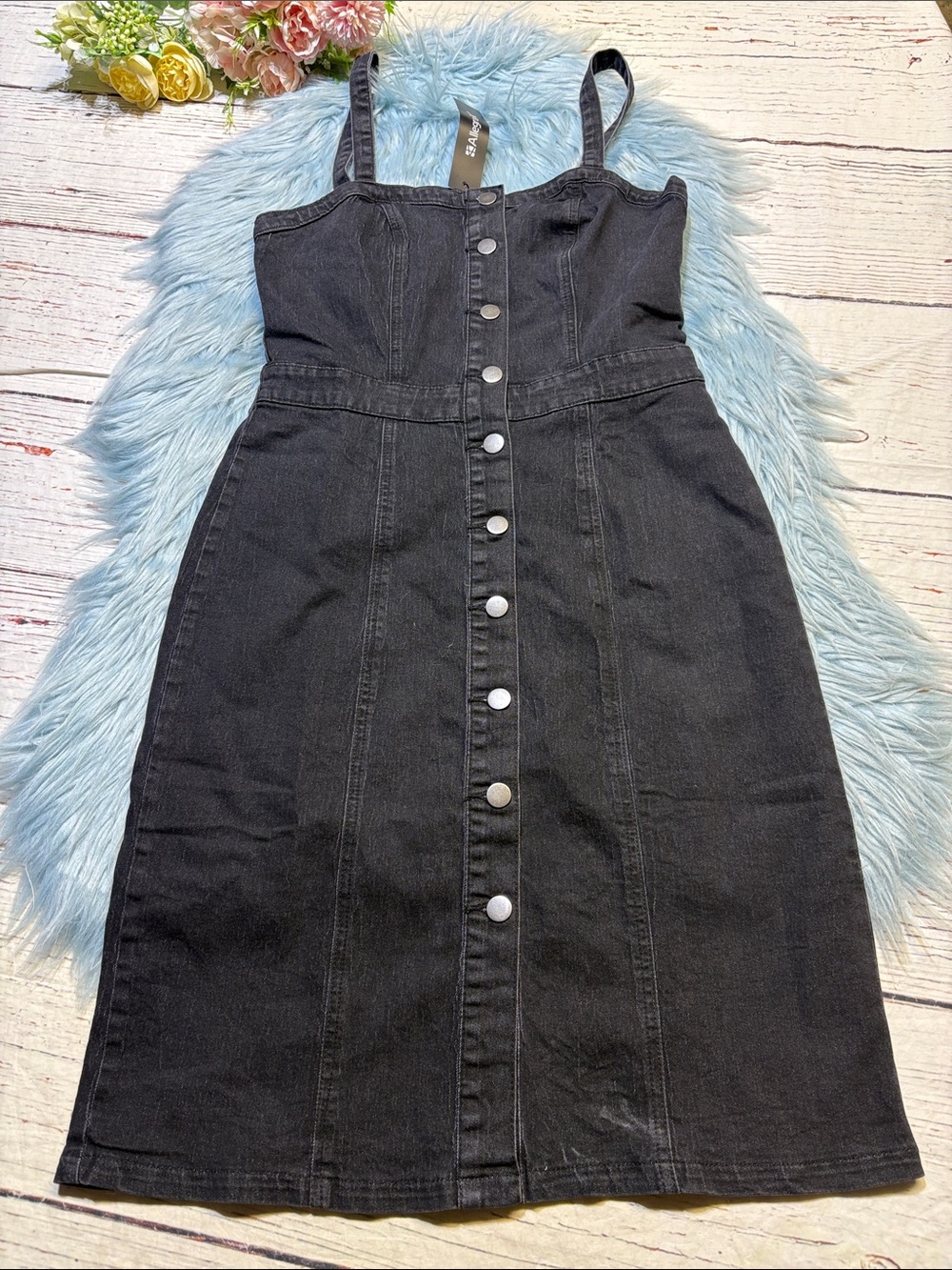 NWT Allegra K Black Button-Front Denim Midi Dress sz XS